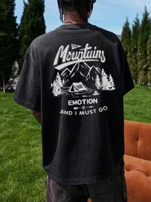 男士夏季标语与山峰印花圆领短袖休闲T恤