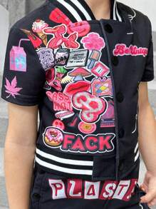 SHEIN Explorewe Fashionable Young Girls Fun Printed Top And Matching Printed Shorts Set - Black - View 3