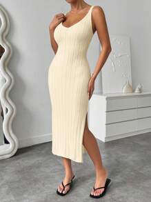 Chiquease Ladies' Solid Color Sleeveless Sweater Cami Dress With Side Slit - Apricot - View 5