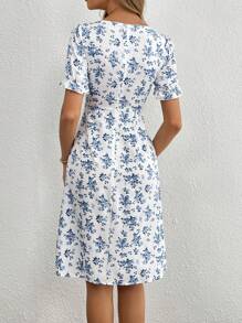 SHEIN Clasi 女士方領褶皺泡泡袖氣球裙擠腰高衩中長裙 - 藍色 - 查看 2