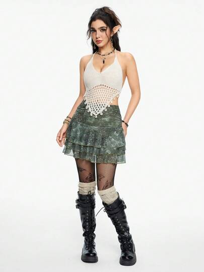 Fairycore Asymmetrical Hem Backless Halter Neck Seashell Decor Knit Top, Vacation Style