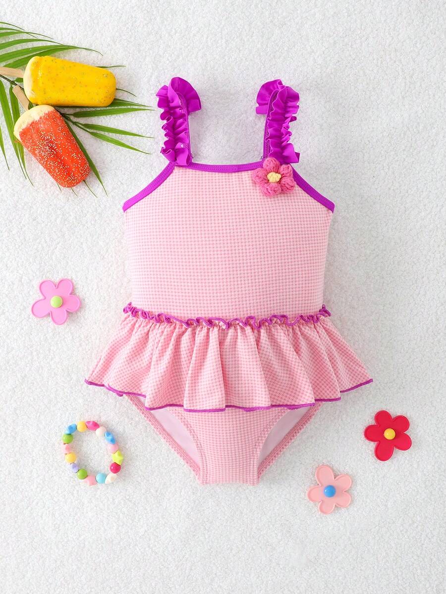 嬰幼女色塊花邊連體泳衣 - 粉色 - 查看 1