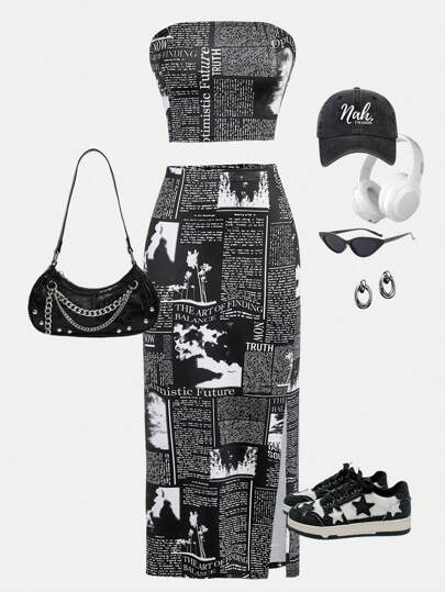SHEIN Teen Girls Black & White Graffiti Newspaper English Print Strapless Tight Dress And Skirt Casual Streetwear Two-Piece Set