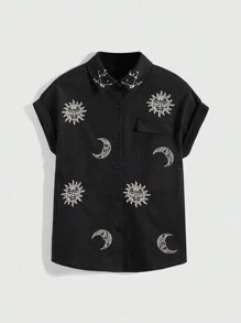 ROMWE Goth Áo sơ mi nữ thêu hình mặt trời, ngôi sao và mặt trăng phong cách boho - màu đen - Xem 1