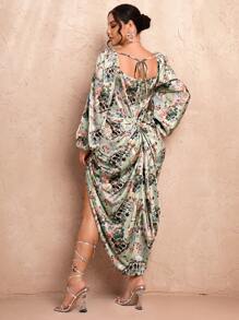 SHEIN BAE Vestido suelto de satén con escote cuadrado, mangas abullonadas, manga larga y abertura lateral en la pierna con patrón floral, talla grande