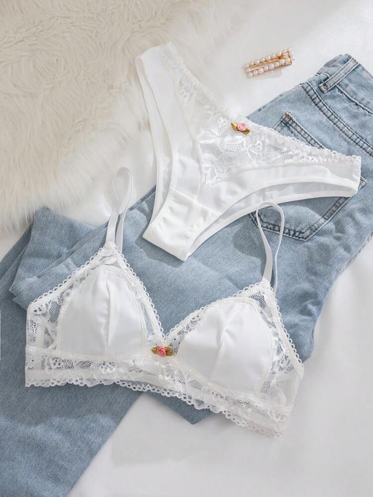 PetitDoll 2枚組 レディース快適なブラレットセット ワイヤレス パッド付き レース トリミング三角カップ、ランジェリー、かわいい - ホワイト - 見る 5