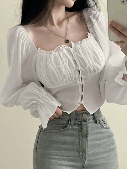 DAZY 女式纯色方形领口长袖衬衫，胸部有褶饰，夏季，荷叶边