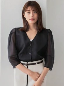 FRIFUL Women Solid Color Single-Breasted Casual Jacket With Medium Sleeves - Black - View 9