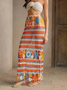 Anewsta 女士海滩度假条纹拼色镂空针织超长罩衫裙夏季 - 白色 - 查看 6