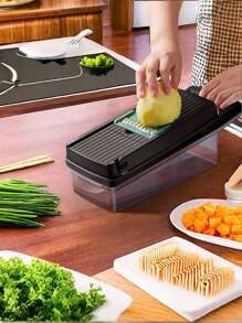 1 Set Of 16-Piece Kitchen Vegetable Cutter Slicer, Black, Individually Packaged, Size: 31 * 12.5 * 13, Suitable For Kitchen Fruit And Vegetable Slicing, Dicing, Shredding And Dicing. Press Type. No Need For Power To Manually Press, Fruit Salad Ingredients. Material. 16-Piece Set. With Egg White Filter, Kitchen Good Helper To Cut Vegetables Quickly. Mother's Day Gifts, Kitchen Tools. Vegetable Masher. Slicer. With Drain Basket. Vegetable Storage Box,Vegetable Fruit Tools,Kitchen Items,Cutter,Food,Salad,Decor,Storage,Party,Birthday. - Black - View 4