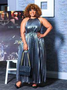 Plus Size Women Pleated Design Sleeveless Party Cocktail Dress - Silver - View 5