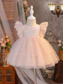 SHEIN Váy ren thêu hoa lưới tương phản dễ thương và thanh lịch cho bé gái mùa xuân/hè, thích hợp cho tiệc sinh nhật và các dịp ngoài trời - Màu Hồng baby - Xem 3