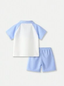 SHEIN Baby Boys' Short Sleeve Knitted Printed Top And Shorts Set - Blue - View 2