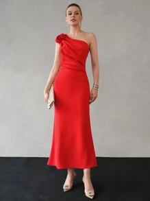 MOTF PREMIUM Massimo Bonini Solid單肩立體花朵褶皺上身美人魚下擺禮服 - 紅色 - 查看 5