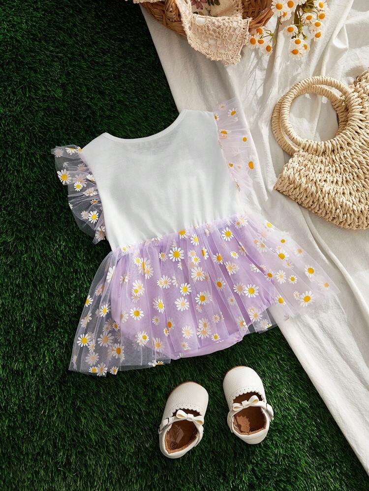 Baby Girls'  Cute Daisy Mesh Bodysuit For Spring And Summer, With Bow Headband