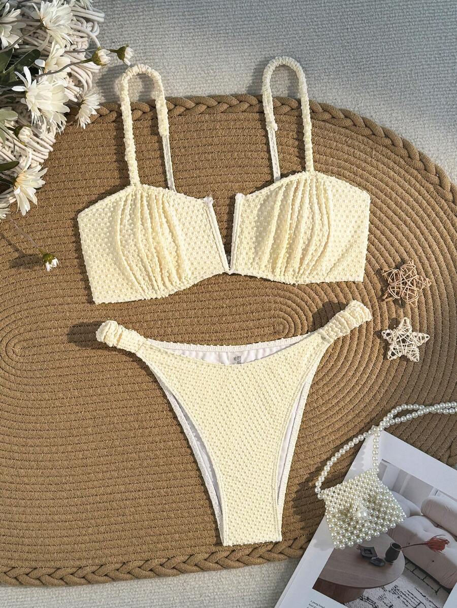 SHEIN Swim 女士夏季沙灘純色褶皺性感比基尼套裝,採用特殊面料 - 米色 - 查看 1