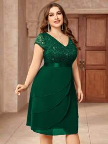 Sequin Lace V-Neck Ruffle Hem Chiffon Cocktail Dress, Suitable For Valentine's Day, Dinner Date, Graduation Ceremony, Homecoming - Dark Green - View 6
