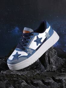 BALTEOP 秋冬女款黑白星星图案透气滑板鞋，轻便舒适，女式运动鞋 - 藍白色 - 查看 5