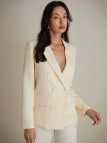 Aveloria Modichic Minimalist Texture Double-Breasted Commuter Blazer, Versatile Long Sleeve Suit Jacket - White - View 5