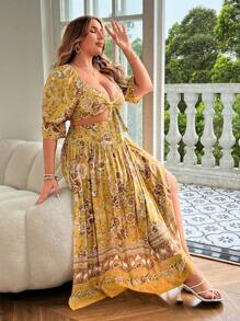 Breezaya Plus Size Floral Print Vacation Casual Tie-Front Crop Top With Side Slit Skirt Set