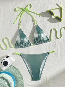 SHEIN Swim Women's Shiny Halter Neck Tie Sexy Bikini Set With Avant-Garde Style Summer - Green - View 1