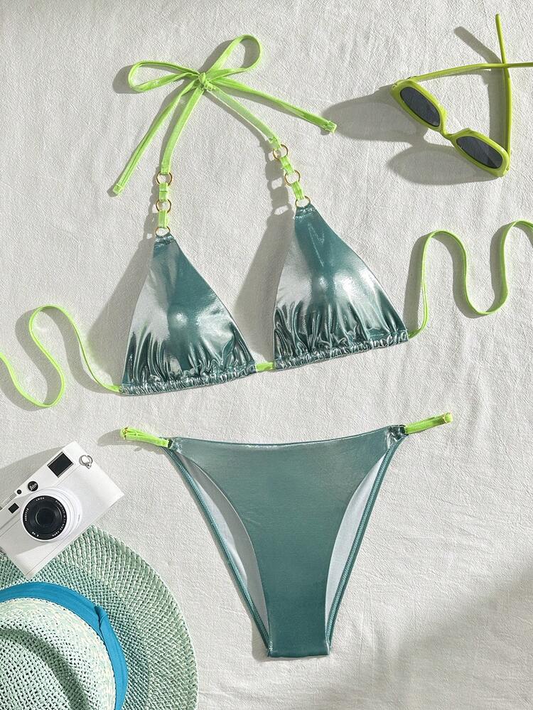 Women's Shiny Halter Neck Tie Sexy Bikini Set With Avant-Garde Style Summer