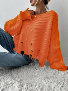 EURMUSE Maglione spalle cadenti slavato orlo - Arancione - Visualizzare 5