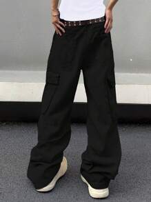 Manfinity EMRG Quần Jeans Nam Màu Trơn Cỡ Lớn Đơn Giản Thường Ngày, Quần Jeans Rộng Trơn Dài Oversize Màu Đen Đã Giặt Quần Cargo, Dành Cho Chồng, Quà Tặng Bạn Trai - màu đen - Xem 2