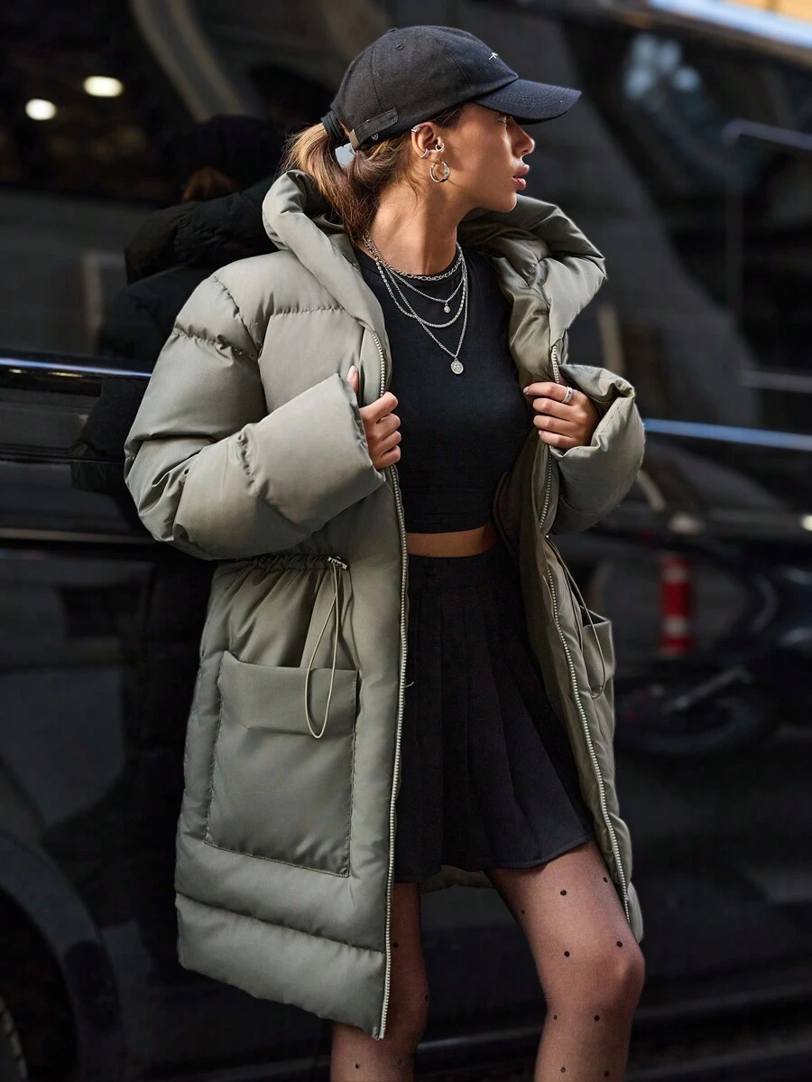 EURMUSE Flap Pocket Drawstring Waist Hooded Puffer - Khaki - View 1