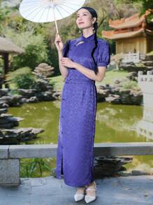 EastFlair New Chinese Style Cheongsam Collar Cropped Top And Bodycon Asymmetric Skirt Set, Purple Jacquard Floral Pattern - Hot Pink - View 5