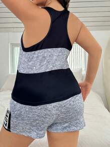 Napfluff CURVE Napfluff CURVE Plus Size Letter Printed Color Block Tank Top And Shorts Pajama Set - Multicolor - View 2