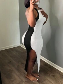 INAWLY Women's Color Block White Black Simple Daily Sleeveless Tight Bodycon Dress - Black and White - View 2