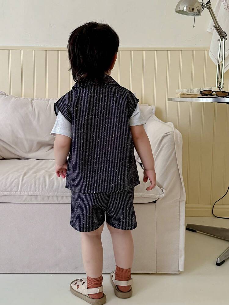 3pcs Baby Boys Spring/Summer Fun Food Printed Black Shiny Striped Jacket Cool Chic Conservative Sports Daily Casual Outfits