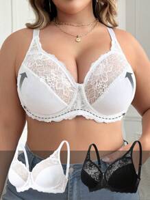 2pcs Sexy Lace Plus Size Bra With Underwire And Non-Padded, Anti-Sagging
