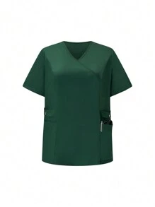 SHEIN TaskFit Plus Size Solid Color V-Neck Short-Sleeved Top With Pocket And Drawstring Long Pants, Summer  Uniform Scrub Set - Dark Green - View 5