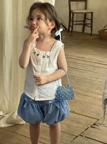 SHEIN 女童夏装灯笼裤两件套无袖上衣和下装儿童装2024新款休闲森系女童衣服薄款时尚 - 藍白色 - 查看 3