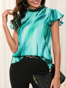 SHEIN Clasi Women's Summer Stylish Tie-Dye Ruffled Edge Back To School Green Teacher Shirts Old Money Stylefall Women Back To School Clothes Blouse - Multicolor - View 3