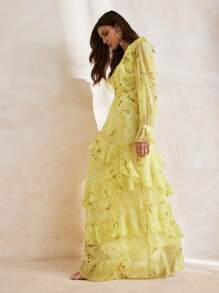 Anewsta Women's Summer Elegant Floral Print Flowy Dress With Ruffle Hem - Yellow - View 4