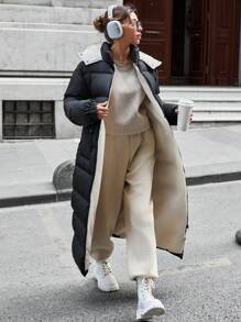 EURMUSE Long Puffer Coat With Two Big Pocket And Hoodie