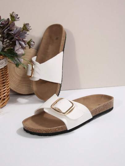 時尚白色單扣女士平底拖鞋新款