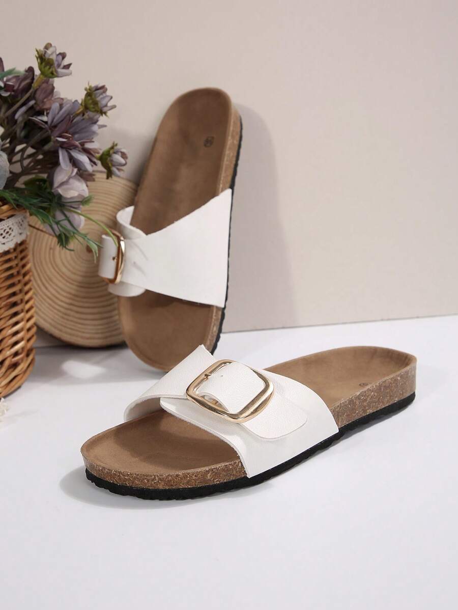 時尚白色單扣女士平底拖鞋新款 - 白色 - 查看 1