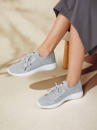 CUCCOO BASICS Chaussures femme à lacets larges à côtes, confortables, grises, chaussures de course, chaussures de vacances, chaussures de sport d'été, chaussures casual, baskets
