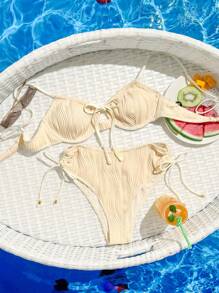 SHEIN Swim 女士纯色简约比基尼套装带独立蝴蝶结装饰夏季海滩 - 白色 - 查看 1