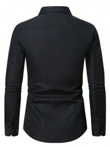 Manfinity Mode Men's Spring/Summer Solid Color Long Sleeve Shirt, Suitable For Daily Business And Travel (Unbranded), Black Dress Men Shirts, Plain Black Shirt Men, For Fall - Black - View 2