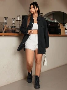 SHEIN ICON Plus Size Women's Solid Color Simple Casual Denim Jacket, Daily Wear - Black - View 5