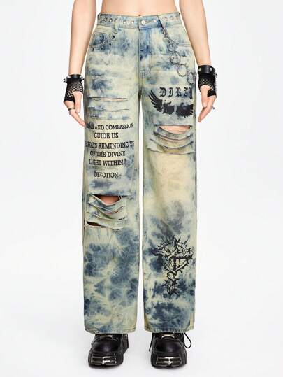 Grunge Punk Jeans pour femmes de style punk avec design de taille en métal ajouré, lavage tie-dye et imprimé lettres