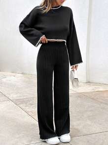 EURMUSE Casual Hand Sticth Contrast Color Hem Detailed Sweater & Sweater Pants Co-Ords - Black - View 1