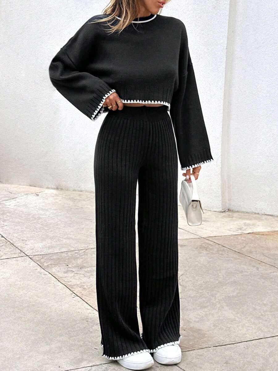EURMUSE Casual Hand Sticth Contrast Color Hem Detailed Sweater & Sweater Pants Co-Ords - Black - View 1