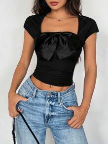 SHEIN Unity Women's Summer Solid Color U-Neck Slim Fit T-Shirt With Hollowed-Out Bow - Black - View 7