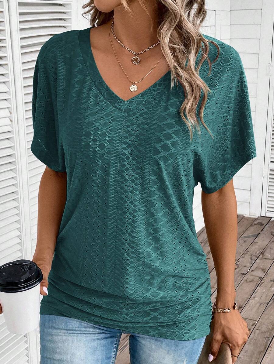 SHEIN LUNE Áo thun ngắn tay cổ chữ V màu trơn mùa hè dành cho nữ - Màu xanh lá cây đậm - Xem 1